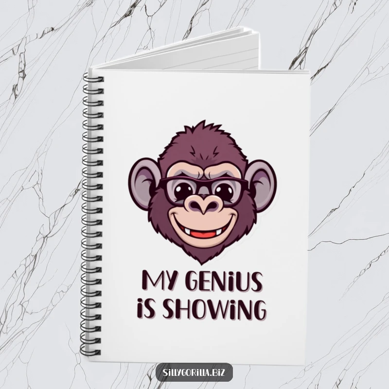 Funny notebook with a stylized gorilla head wearing tiny spectacles and a wide smile, ideal for capturing smart ideas with humor.