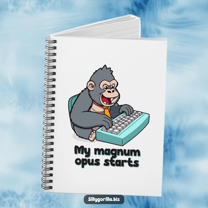 Funny notebook with a stylized gorilla wearing a small tie, typing on a massive keyboard, designed for jotting down ideas humorously.