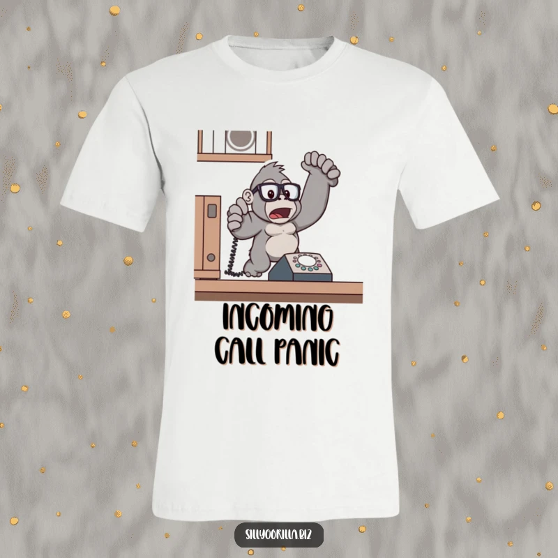 Funny gorilla with glasses, startled by ringing phone, t-shirt, hilariously relatable office humor.