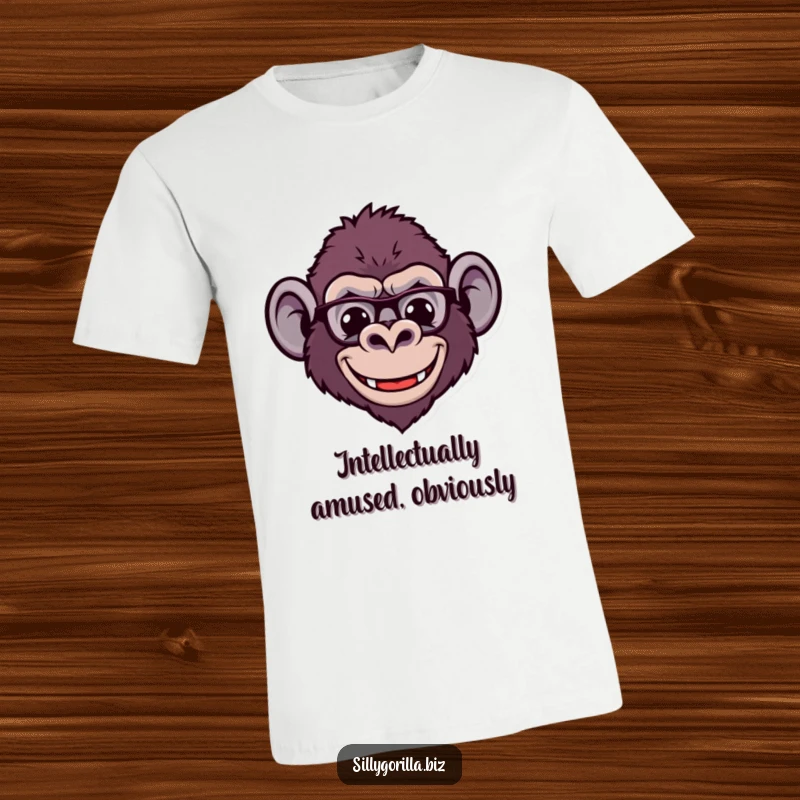 Funny t-shirt showcasing a stylized gorilla head with tiny spectacles and a wide, comical smile, embodying playful intellect and style.