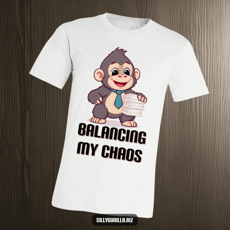 Funny T-shirt featuring a happy gorilla in a tiny tie struggling to balance papers. Relatable office humor.