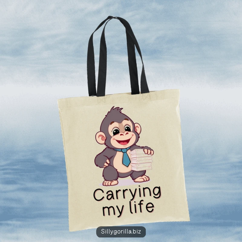 Funny tote bag featuring a happy gorilla in a tie struggling with a large stack of papers. Office accessory.