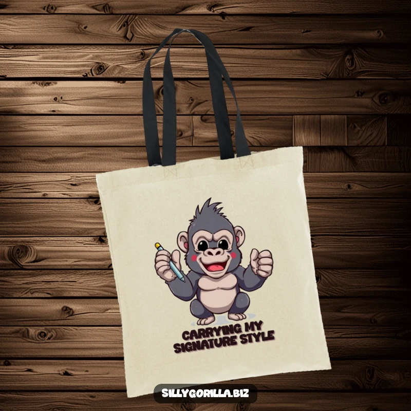 Funny tote bag with an excited gorilla character holding a pen, ready to sign, ideal for carrying items with a determined and humorous flair.