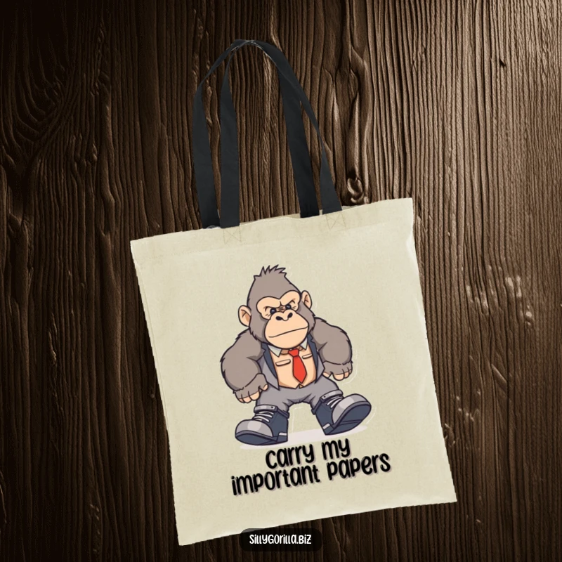 Funny gorilla tote bag depicting a character with oversized work shoes, humorously stomping through an office.